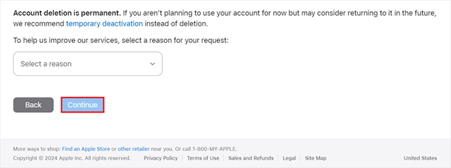 privacy apple com delete account select a reason