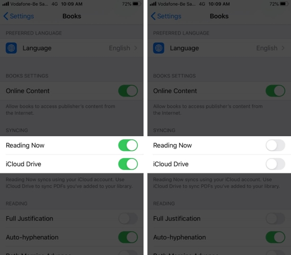 toggle books syncing settings off/on
