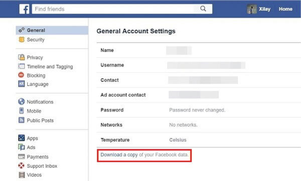 recover from facebook settings