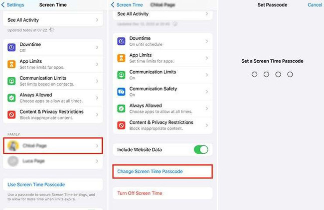 change screen time passcode on family sharing organizer iphone