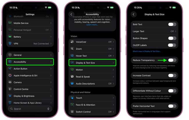 reduce transparency ios 26