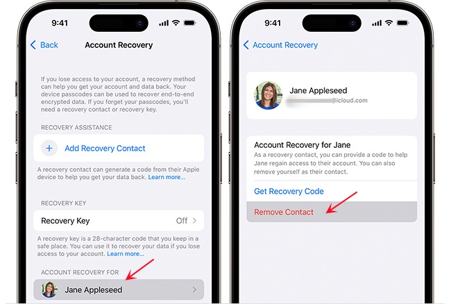 remove account recovery contact on iphone