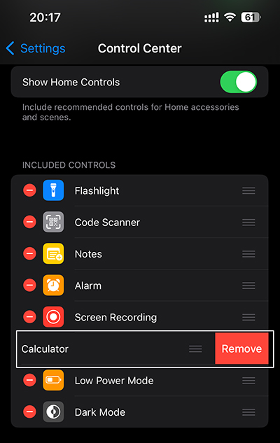 remove calculator from control center
