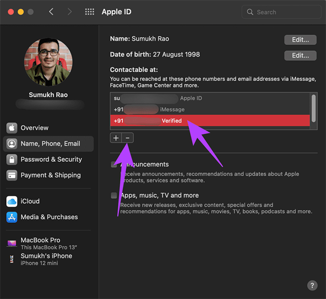 how to remove phone number from apple id on mac