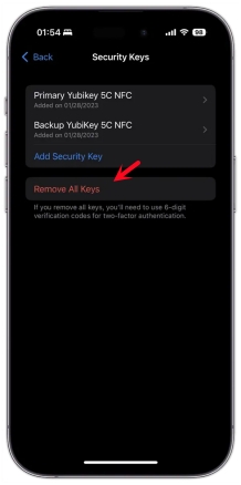 remove security keys on iphone