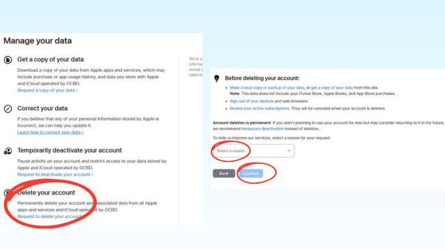 request to delete old apple account