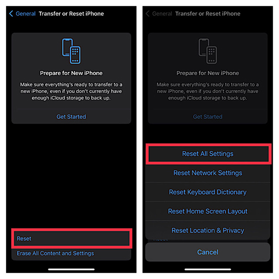 reset all settings on iphone