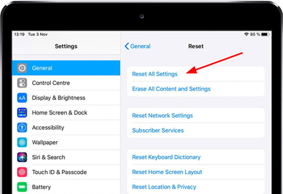 reset all settings on ipad