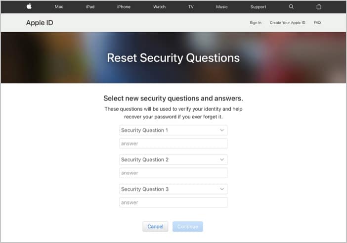 reset apple id password via security questions