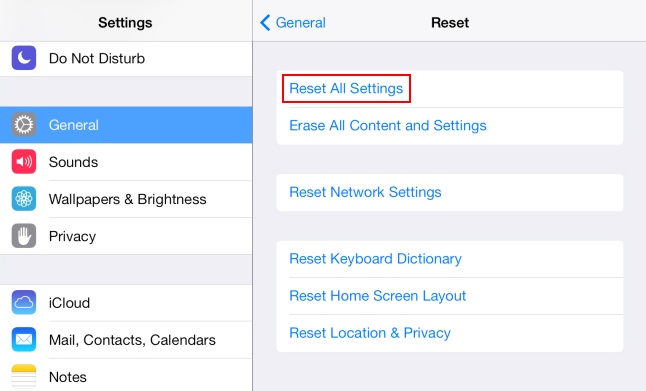 reset all settings on ipad