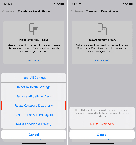 reset iphone keyboard dictionary