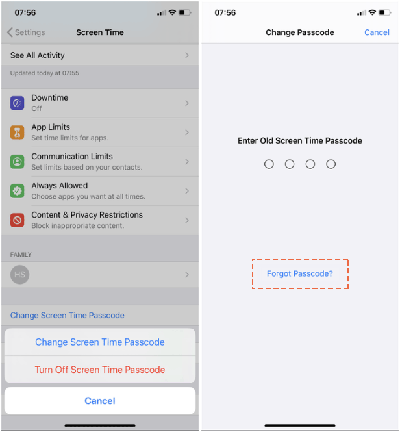 change screen time passcode on settings