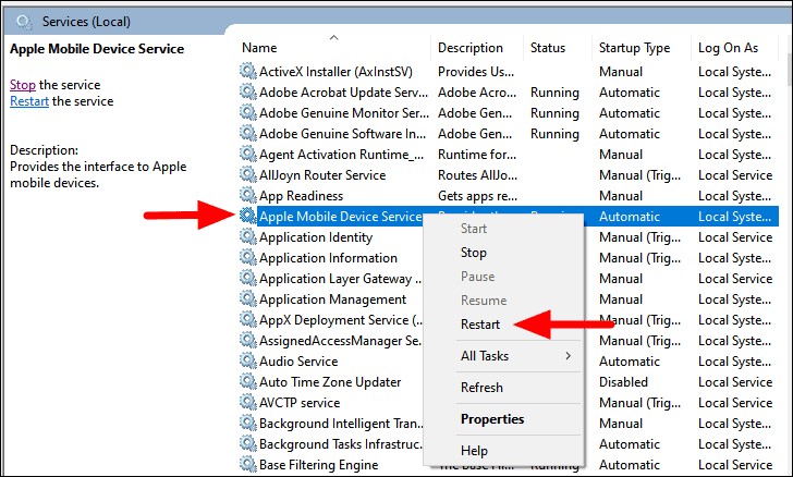 restart apple mobile device service