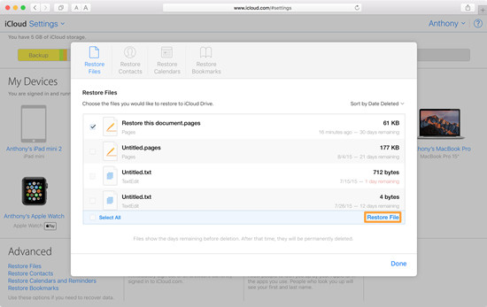 restore epub files on icloud