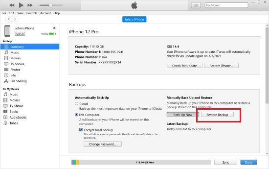 use itunes to recover contacts from iphone