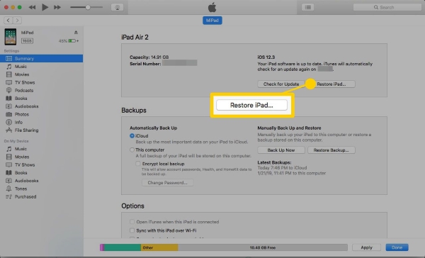 restore ipad via itunes to reset when forgot screen time password on ipad