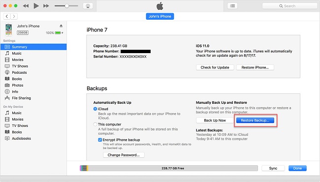 restore from itunes backup