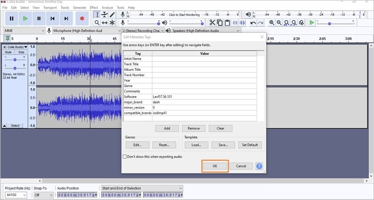 export audio file in audacity