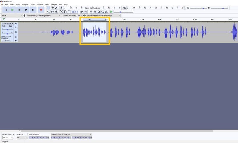 audacity cut middle of song
