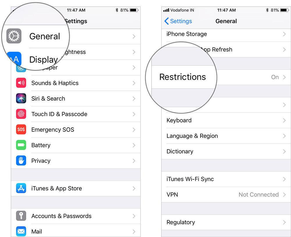 select restrictions in settings