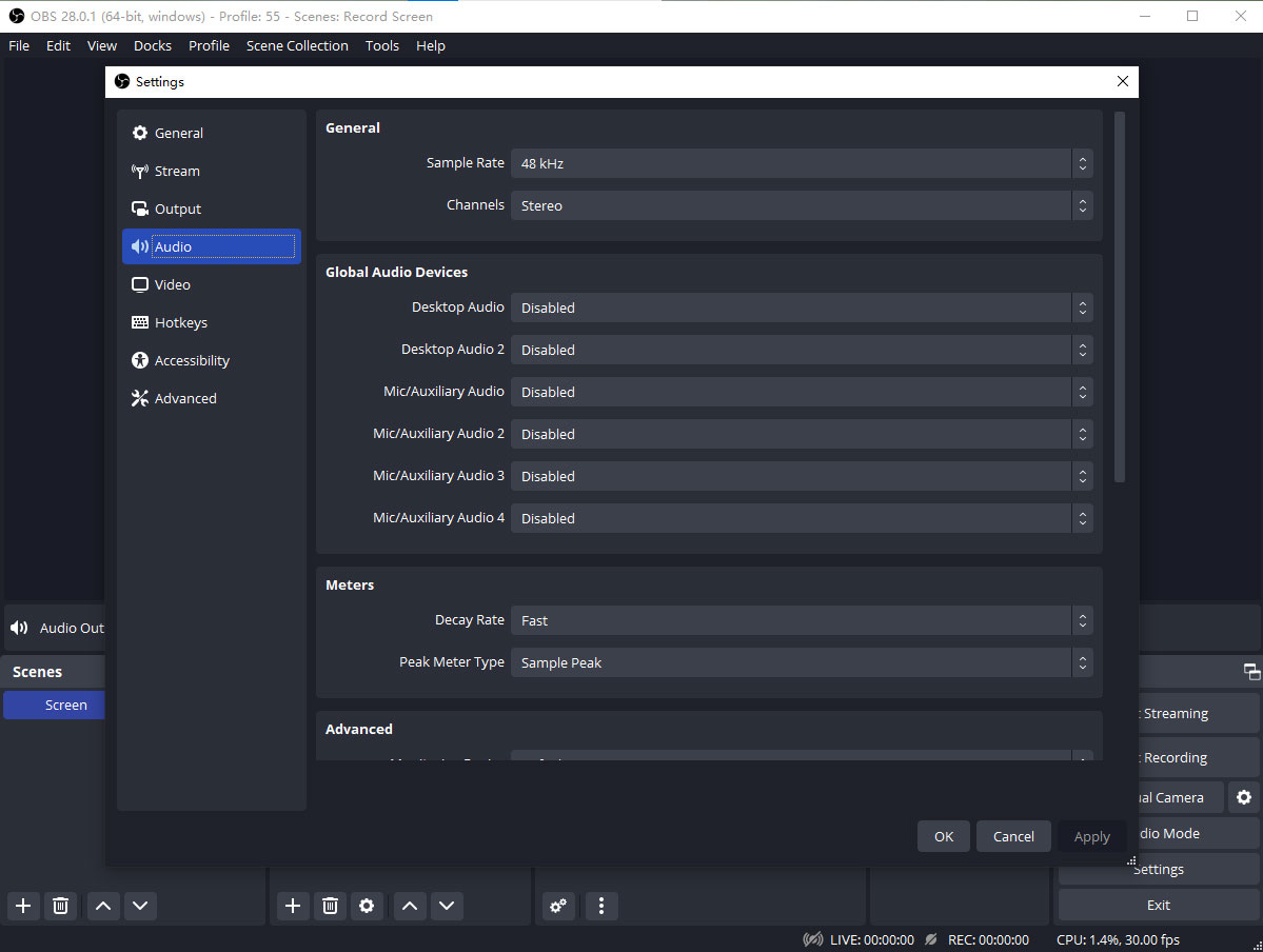 audio settings in obs