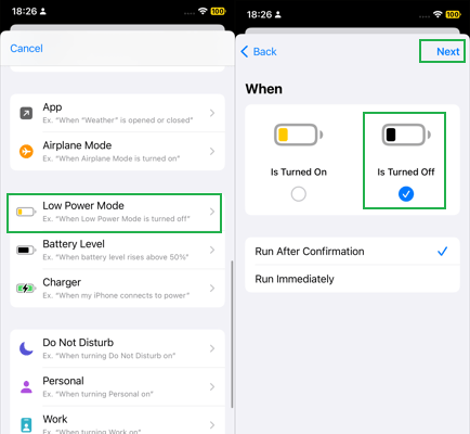 set low power mode in shortcuts app