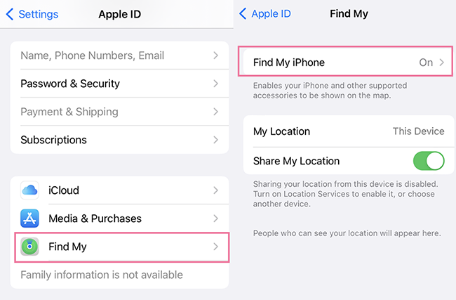 add and remove device from find my iphone in settings