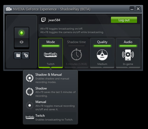 sign out of twitch account on shadowplay