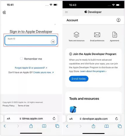 sign into apple developer website