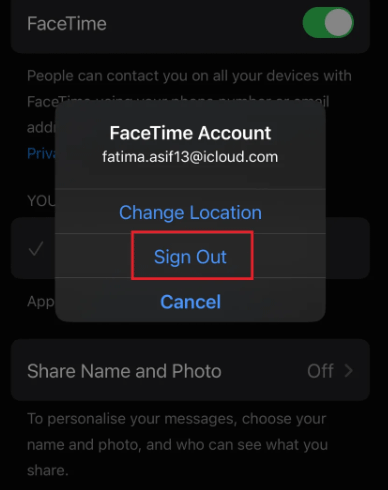 sign out apple id in facetime