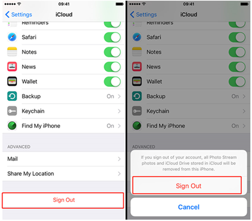 sign out icloud on iphone with new password