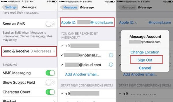 sign in and out of imessage