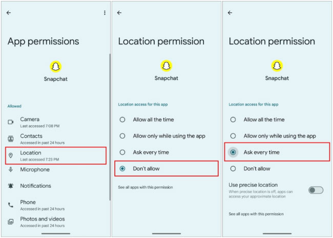  enable snapchat location permission on android