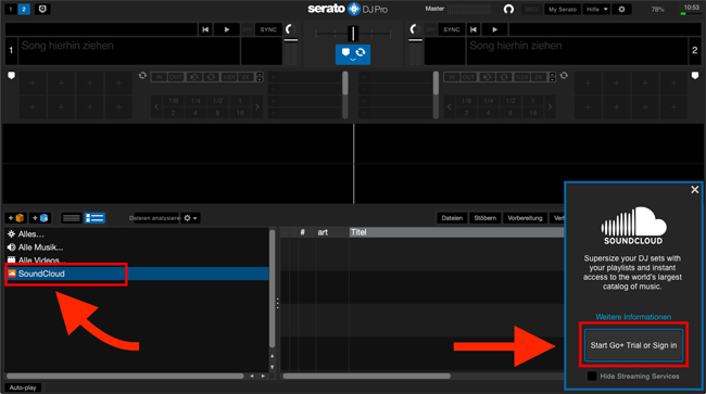 sign into soundcloud on serato
