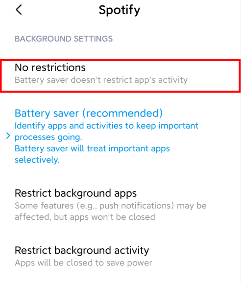 select no restrictions on android youtube music background settings