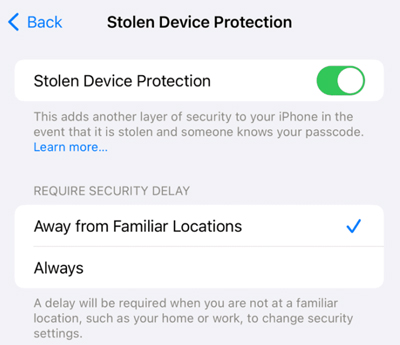 how to turn on stolen device protection on iphone