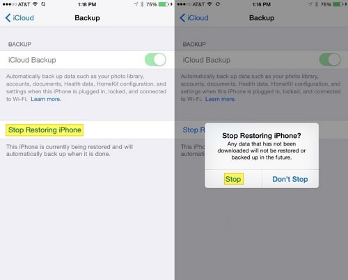 stop restoring iphone from icloud