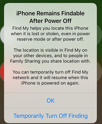 disable iphone findable after power off temporarily