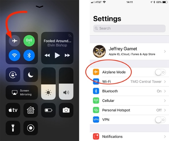 disale and enable iphone airplane mode