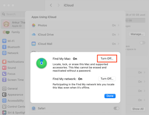 turn off find my iphone from mac