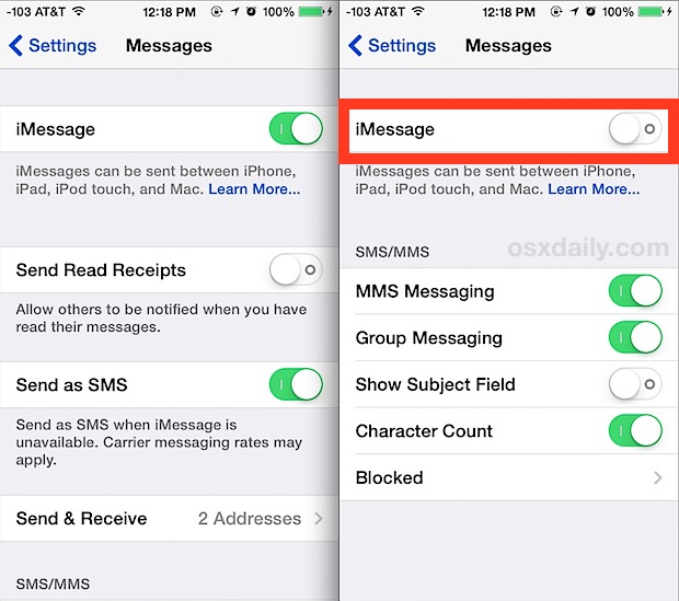 turn off and on imessage from settings