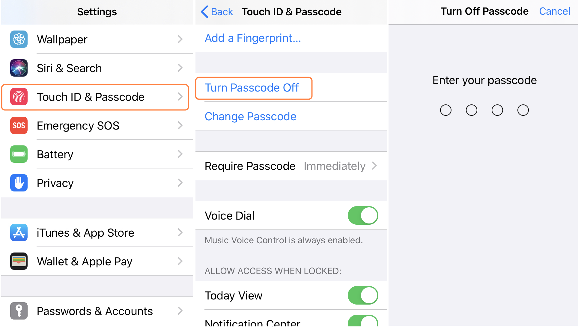 turn off passode on iphone via settings