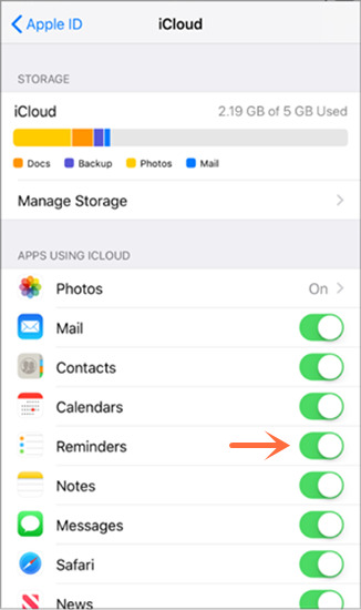 turn on icloud sync for reminders app