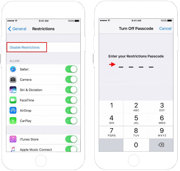 disable restrictions feature on iphone