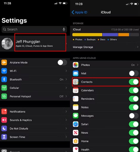turn on contacts on icloud in your settings