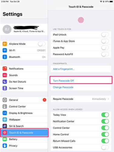 take password off iphone in settings