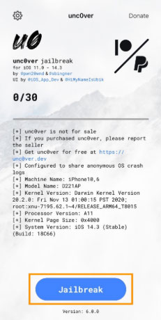 unc0ver jailbreak button