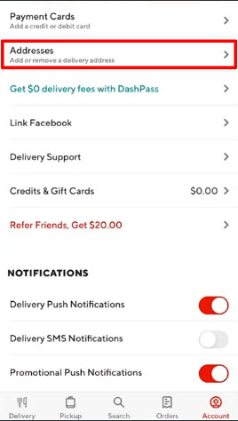 update delivery address on doordash