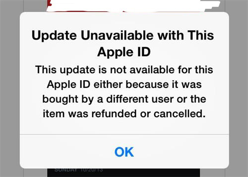 update unavailable with this apple id