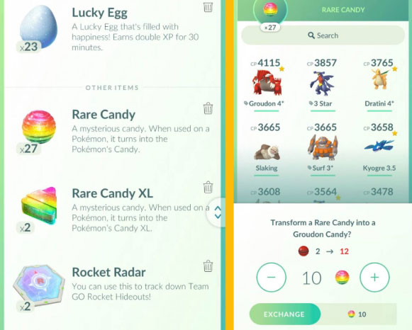 use rare candy in pokemon go